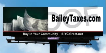 Billboard: BaileyTaxes.com, Buy In Your Community, BIYCdirect.net