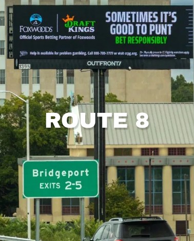 Route 8 billboard near the Bridgeport exits 2-5 sign