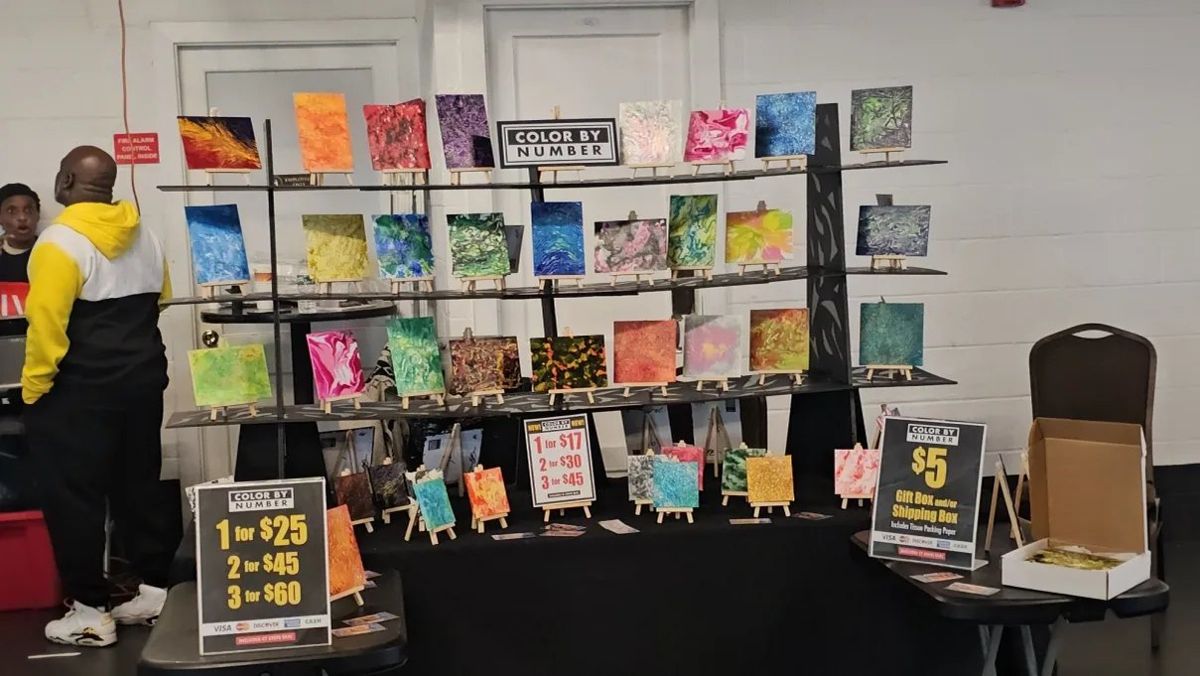Color By Number painted canvases on display