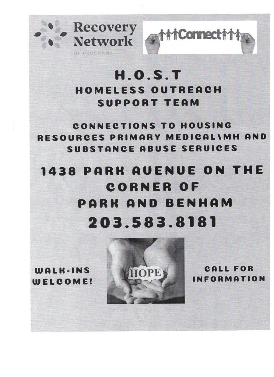HOST homeless outreach support team flyer: 1438 Park Ave, Bridgeport, 203-583-8181